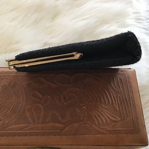 Vintage Andé evening bag/ clutch with gold trim and clasp, patent leather handle